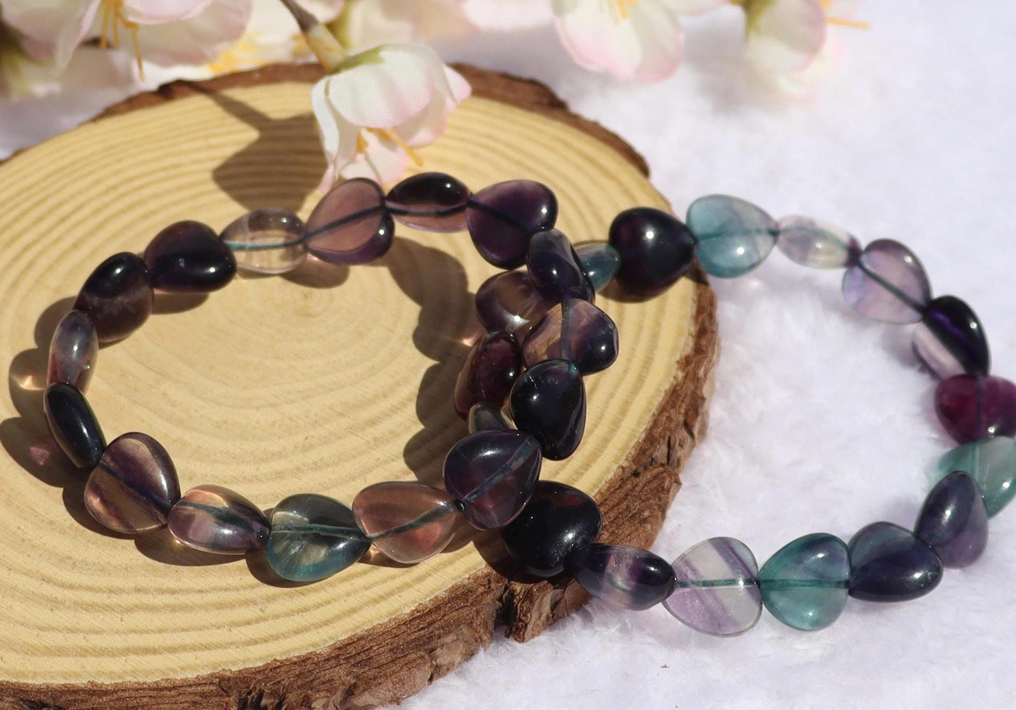 Rainbow Fluorite Heart Shaped Beaded Stretch Bracelet
