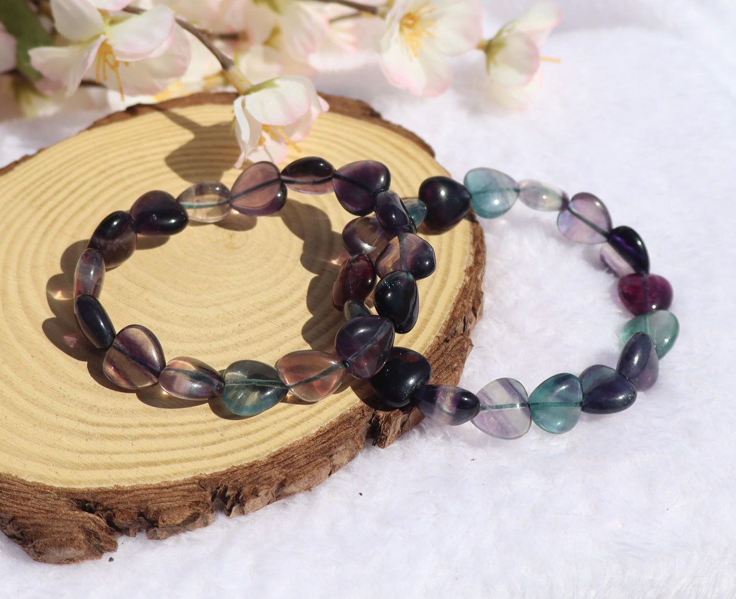 Rainbow Fluorite Heart Shaped Beaded Stretch Bracelet
