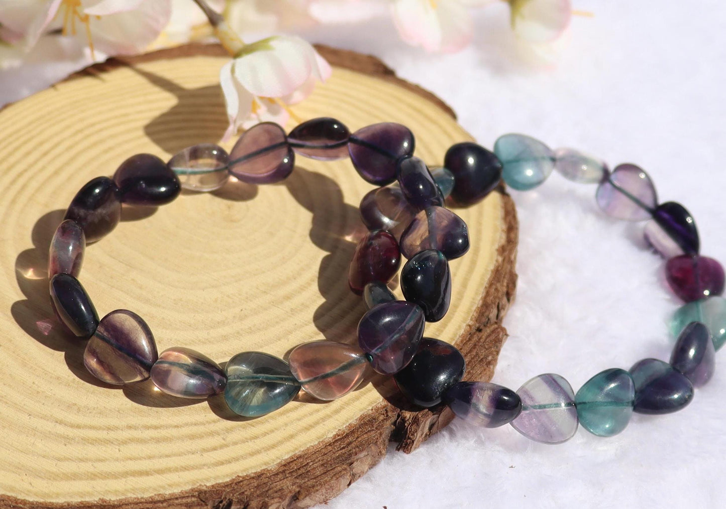 Rainbow Fluorite Heart Shaped Beaded Stretch Bracelet