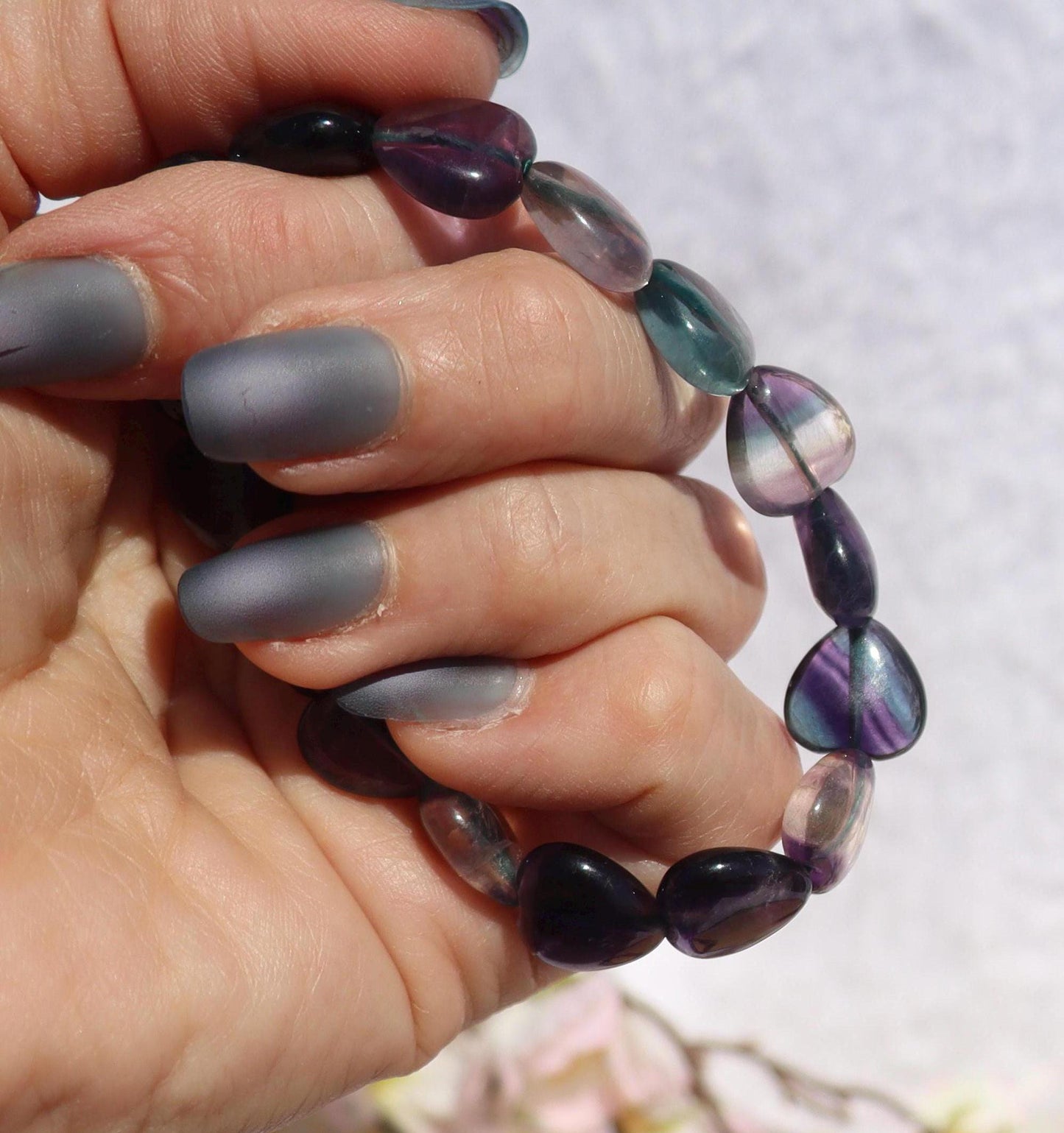 Rainbow Fluorite Heart Shaped Beaded Stretch Bracelet
