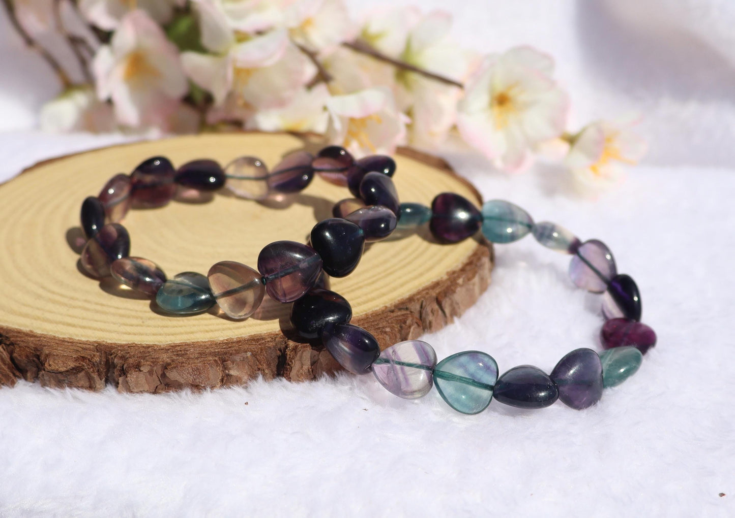 Rainbow Fluorite Heart Shaped Beaded Stretch Bracelet