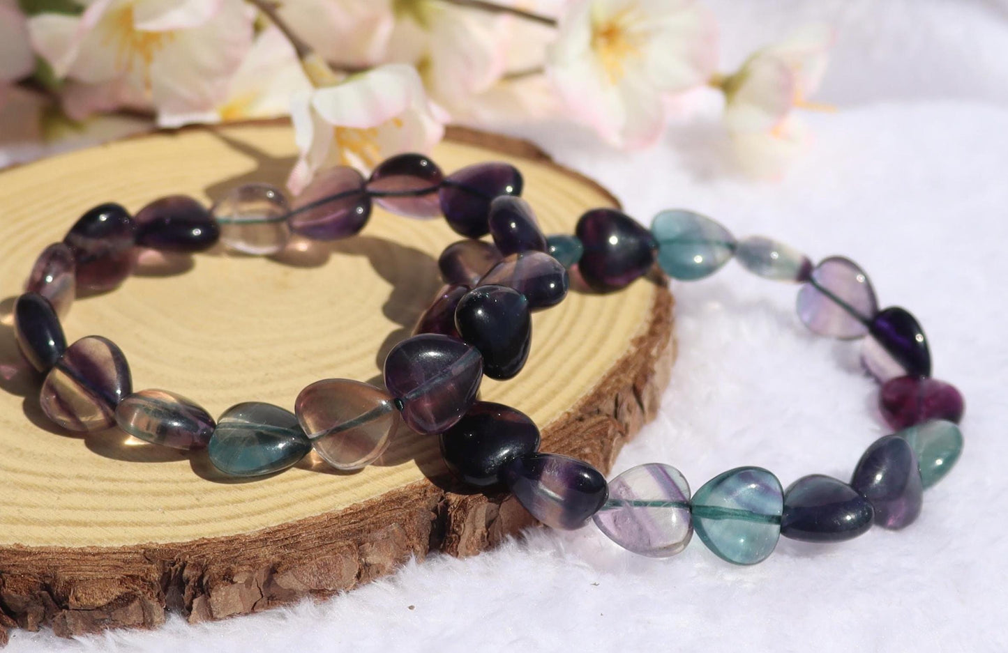 Rainbow Fluorite Heart Shaped Beaded Stretch Bracelet