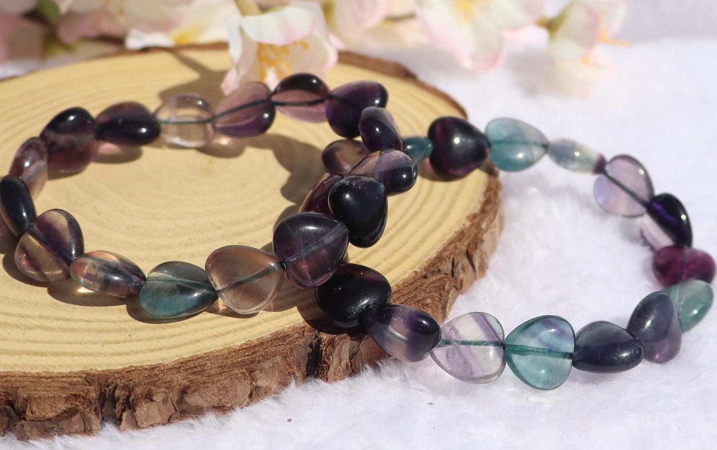 Rainbow Fluorite Heart Shaped Beaded Stretch Bracelet