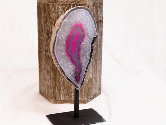 Pink Dyed Agate Geode Half with Quartz on Stand