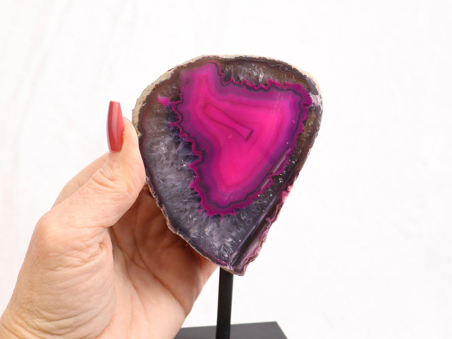 Pink Dyed Agate Geode Half on Stand