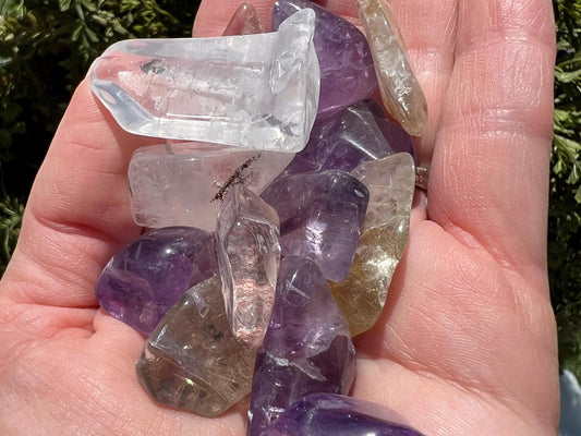 Amethyst, Garden Quartz, Clear Quartz and Golden Rutile Semi Tumbled Crystal Mix