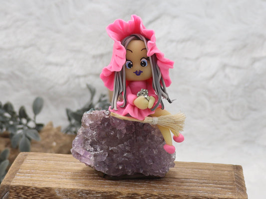 Clay Witch on Amethyst Cluster - Witchy Decor - Amethyst stone decor