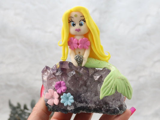 Amethyst Cluster with Clay Mermaid