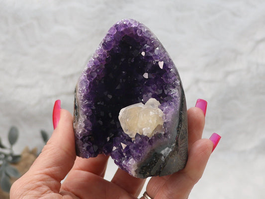 Dark Purple Amethyst Cut Base Crystal Cluster with Calcite from Brazil