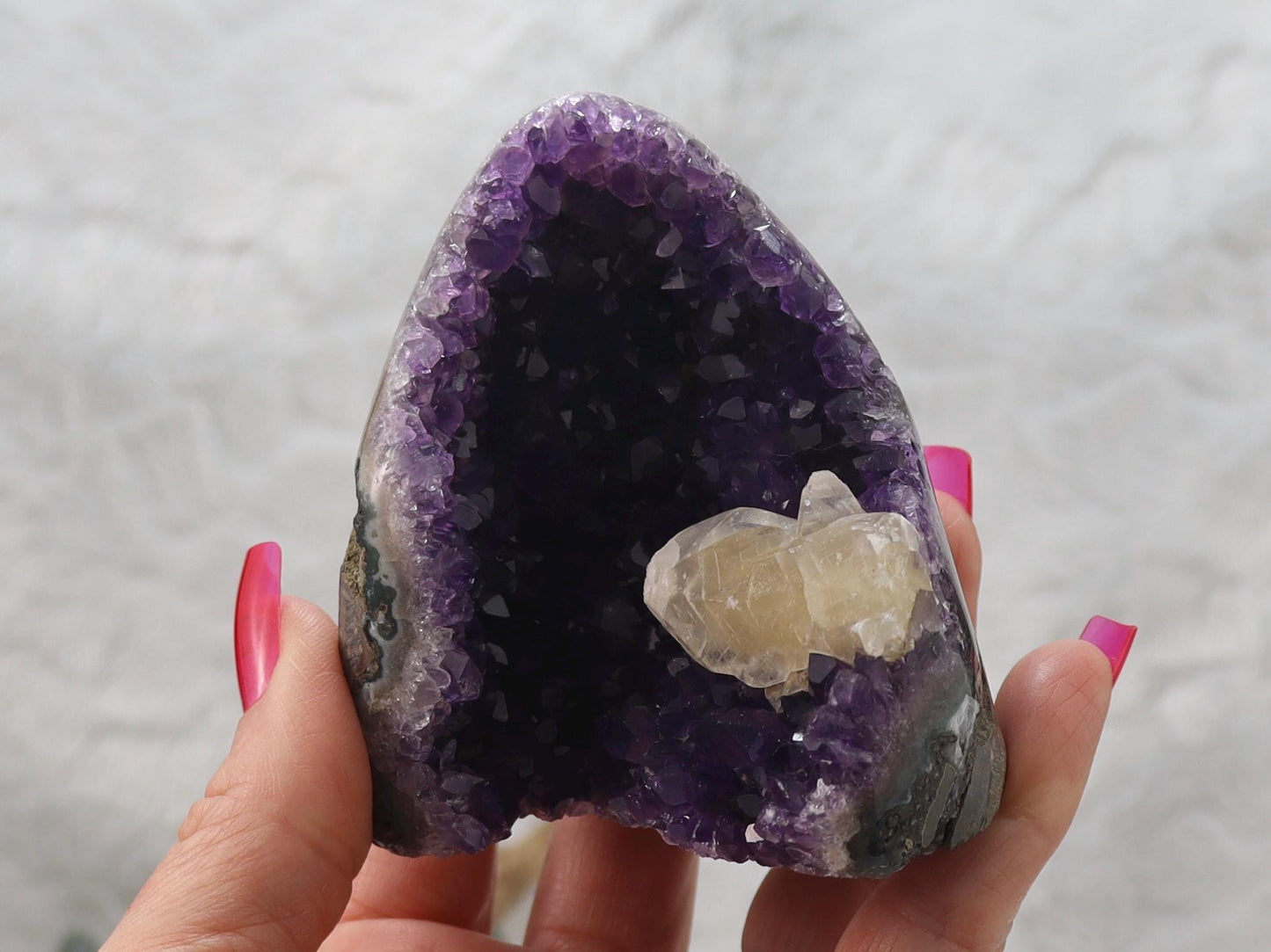 Dark Purple Amethyst Cut Base Crystal Cluster with Calcite from Brazil