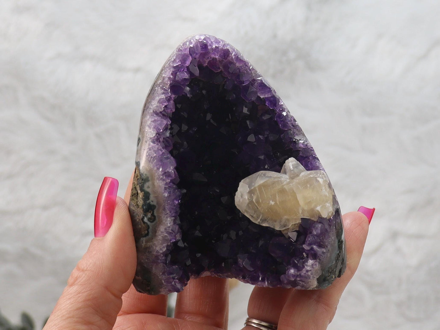 Dark Purple Amethyst Cut Base Crystal Cluster with Calcite from Brazil
