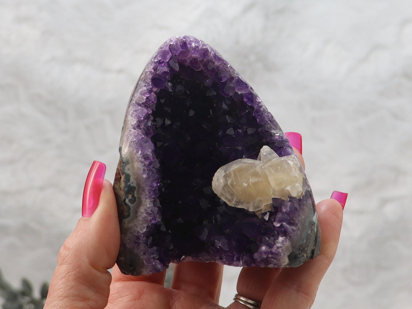 Dark Purple Amethyst Cut Base Crystal Cluster with Calcite from Brazil