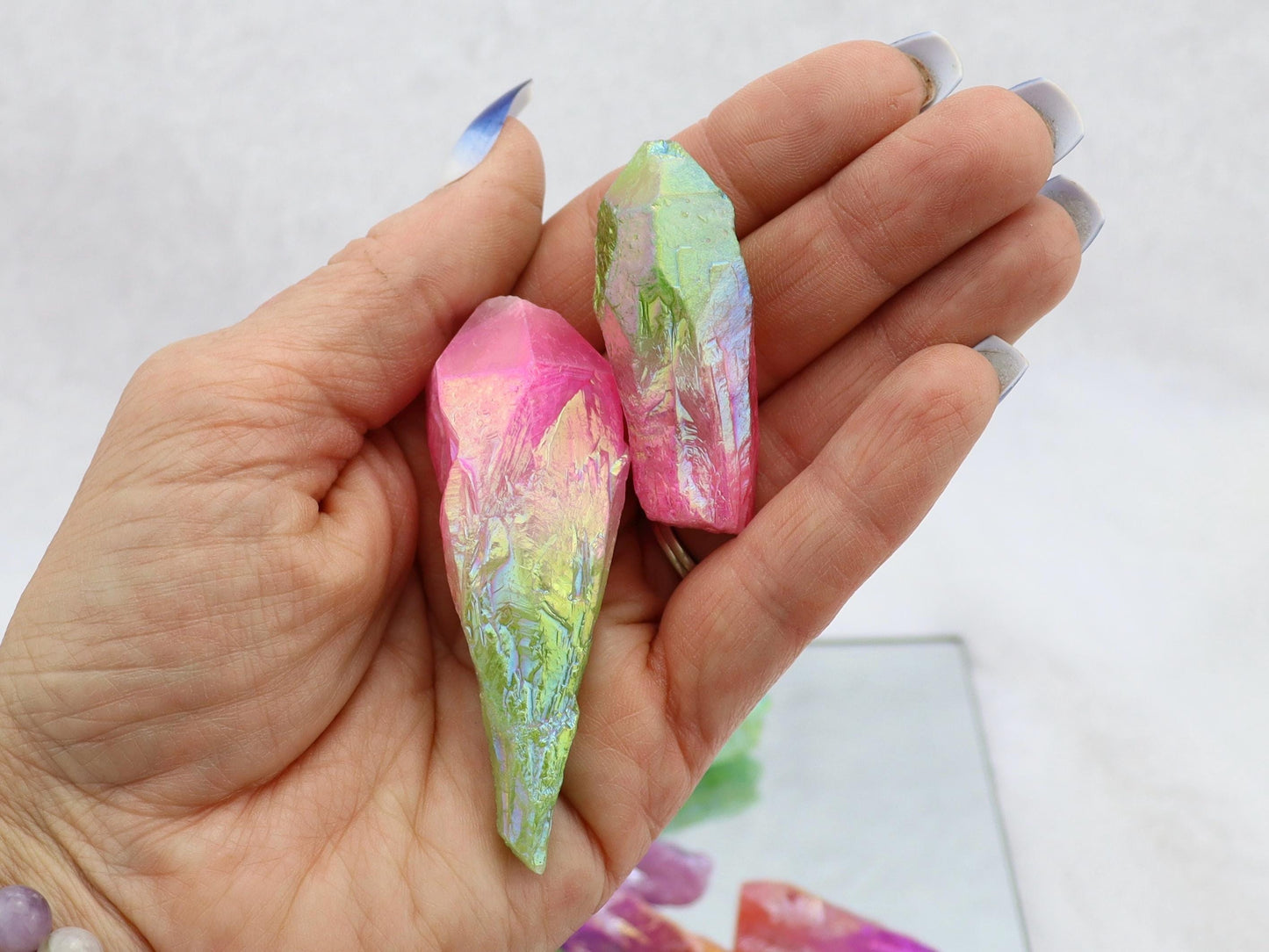 Pink and Blue Aura Quartz Crystals, Pink and Green Aura Quartz Crystals