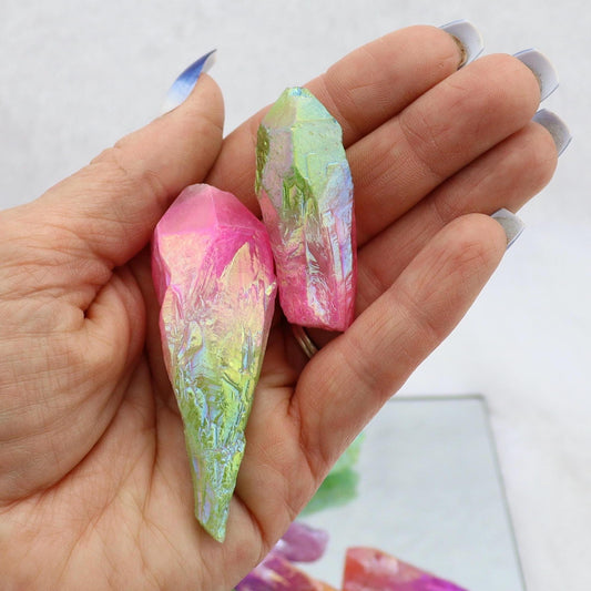 Rainbow Aura Quartz Crystal: Pink, Blue, and Green