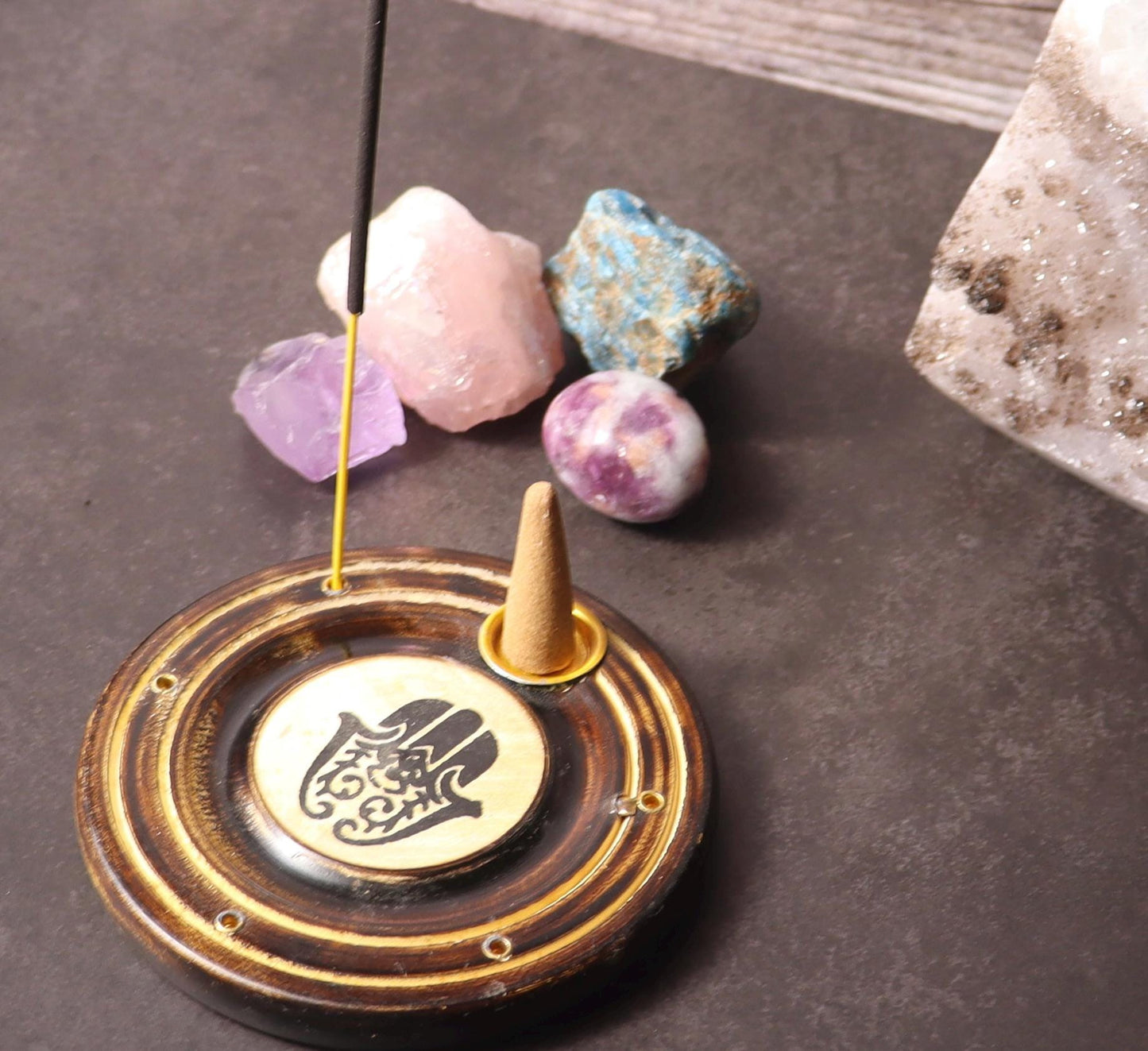 Round Wooden Hamsa Incense Stick and Cone Burner