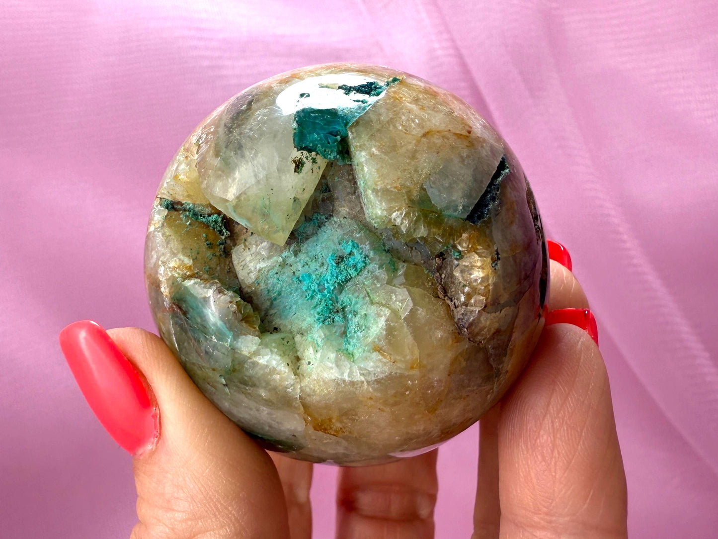 Chrysocolla in Quartz Sphere