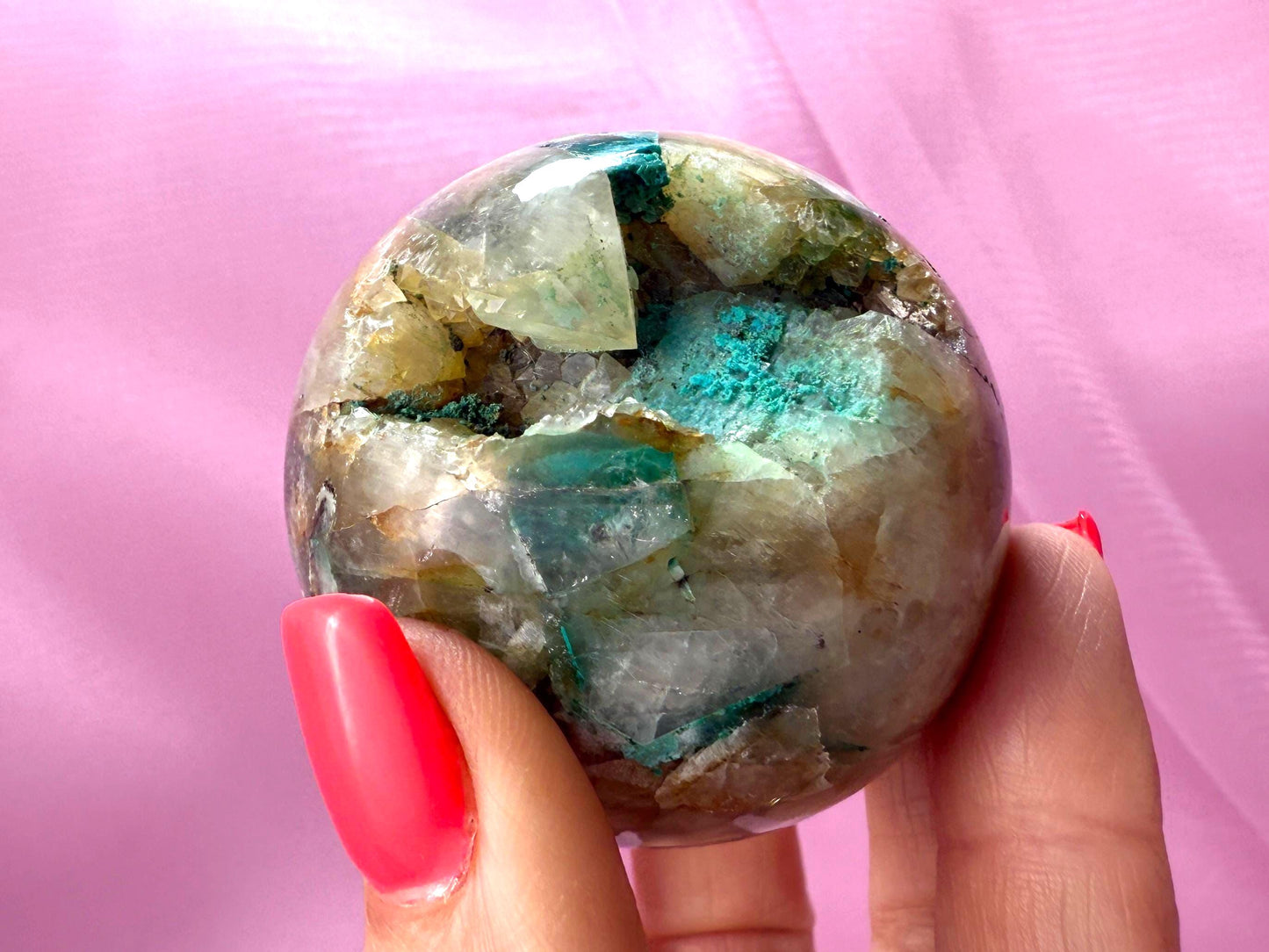 Chrysocolla in Quartz Sphere