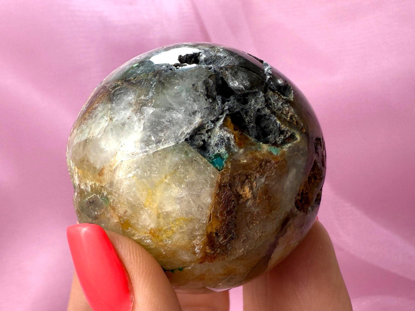 Chrysocolla in Quartz Sphere