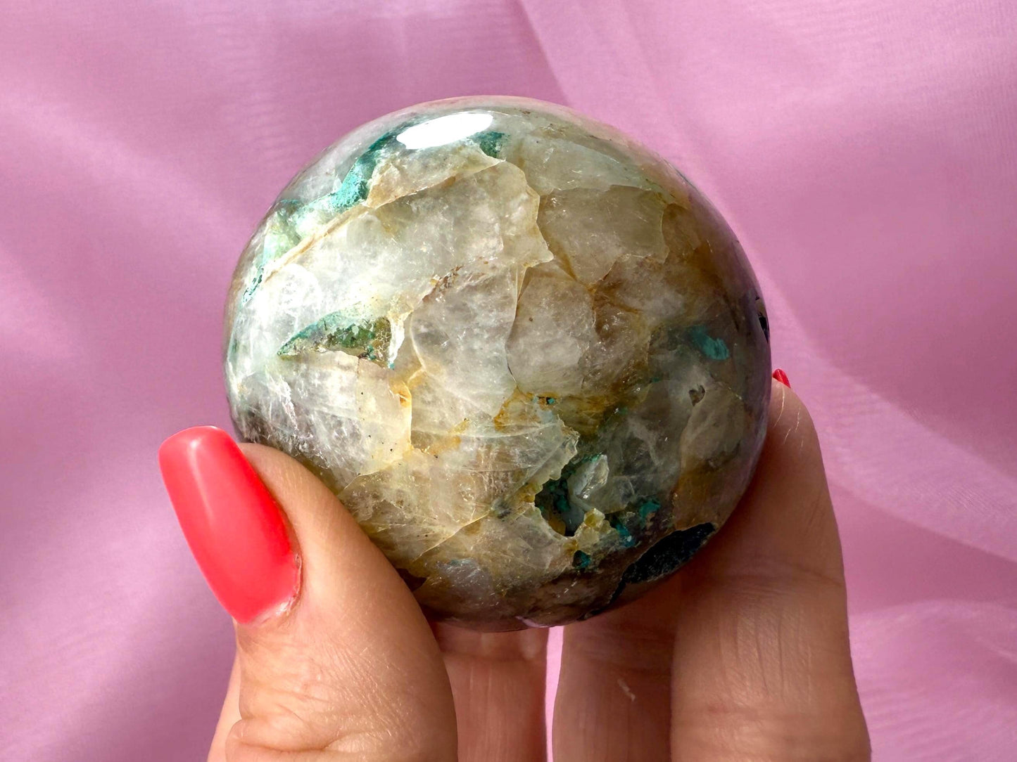 Chrysocolla in Quartz Sphere