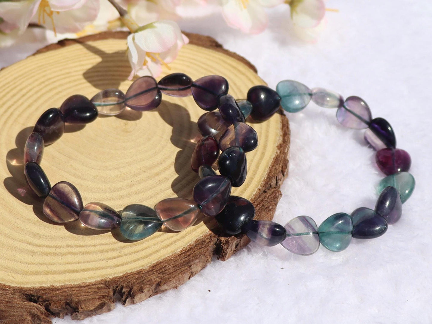 Rainbow Fluorite Heart Shaped Beaded Stretch Bracelet