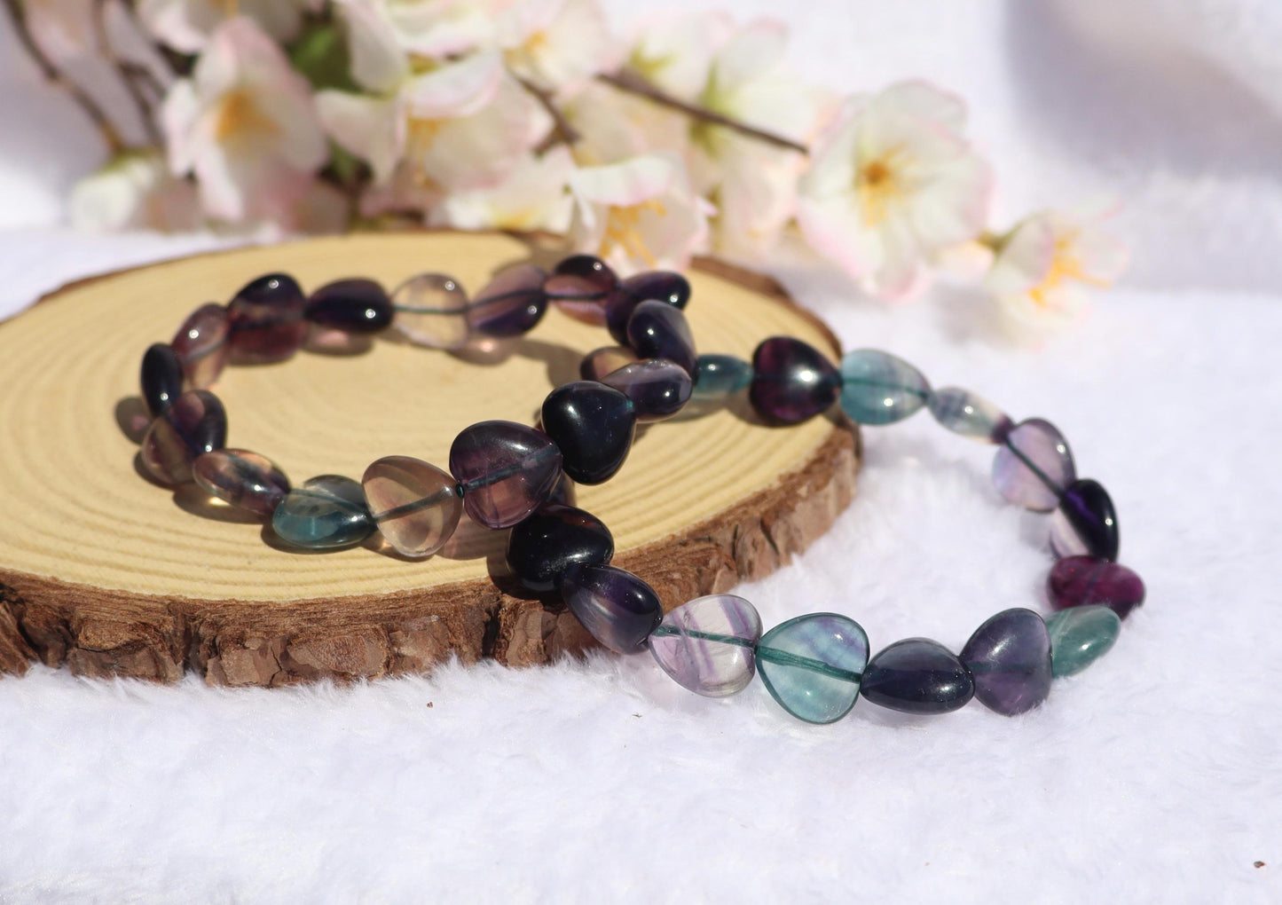Rainbow Fluorite Heart Shaped Beaded Stretch Bracelet