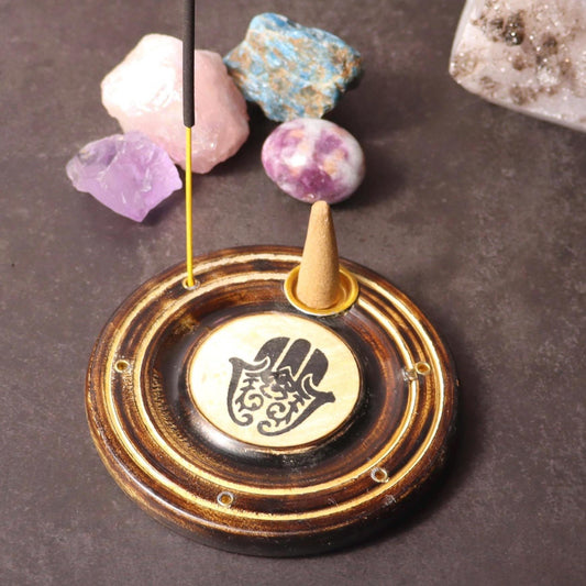 Round wooden hamsa incense stick and cone burner