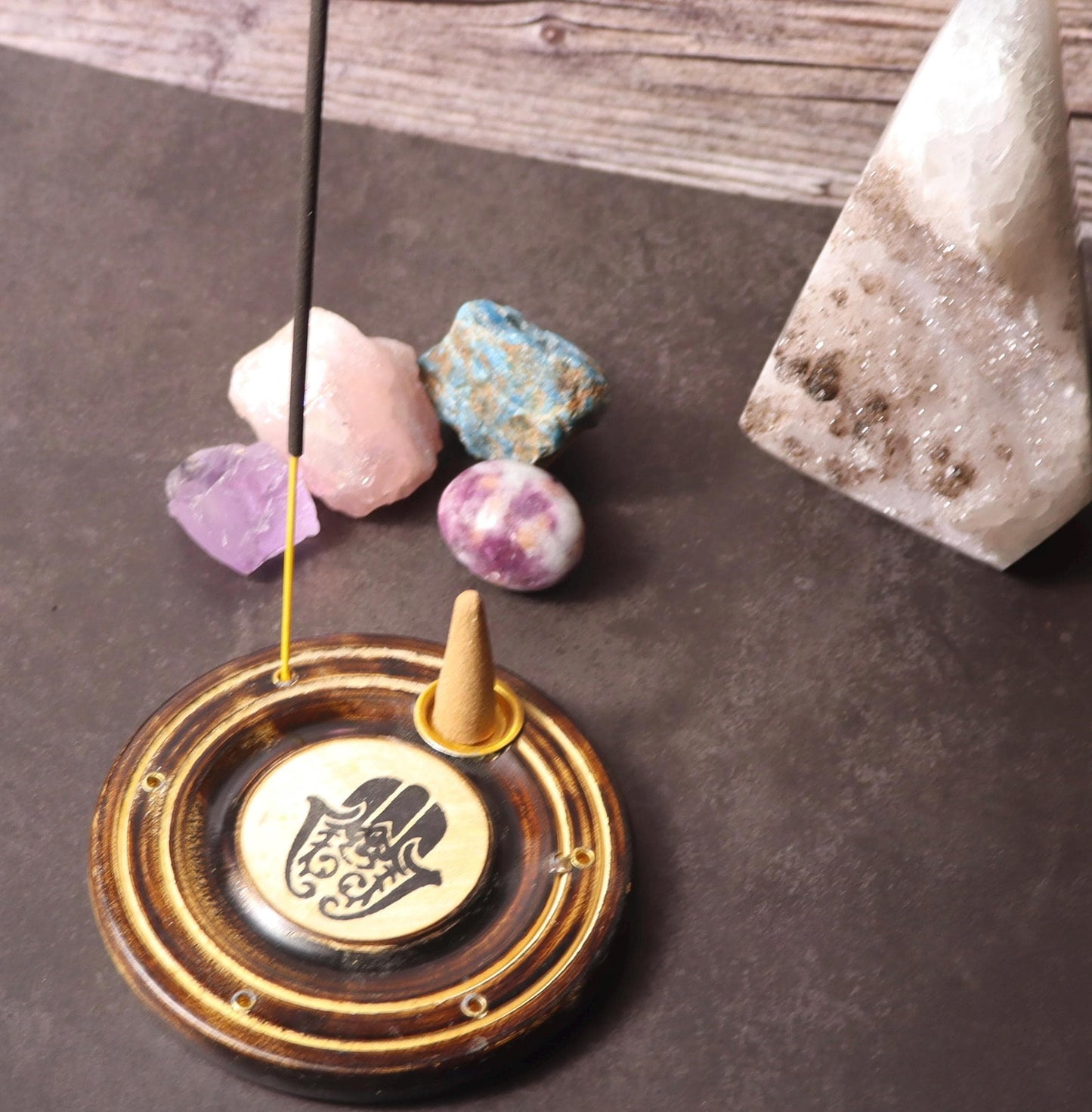 Round wooden hamsa incense stick and cone burner