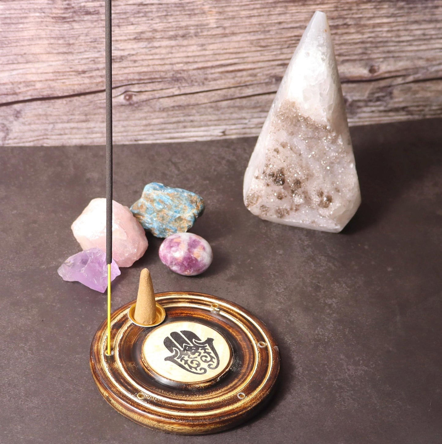 Round wooden hamsa incense stick and cone burner