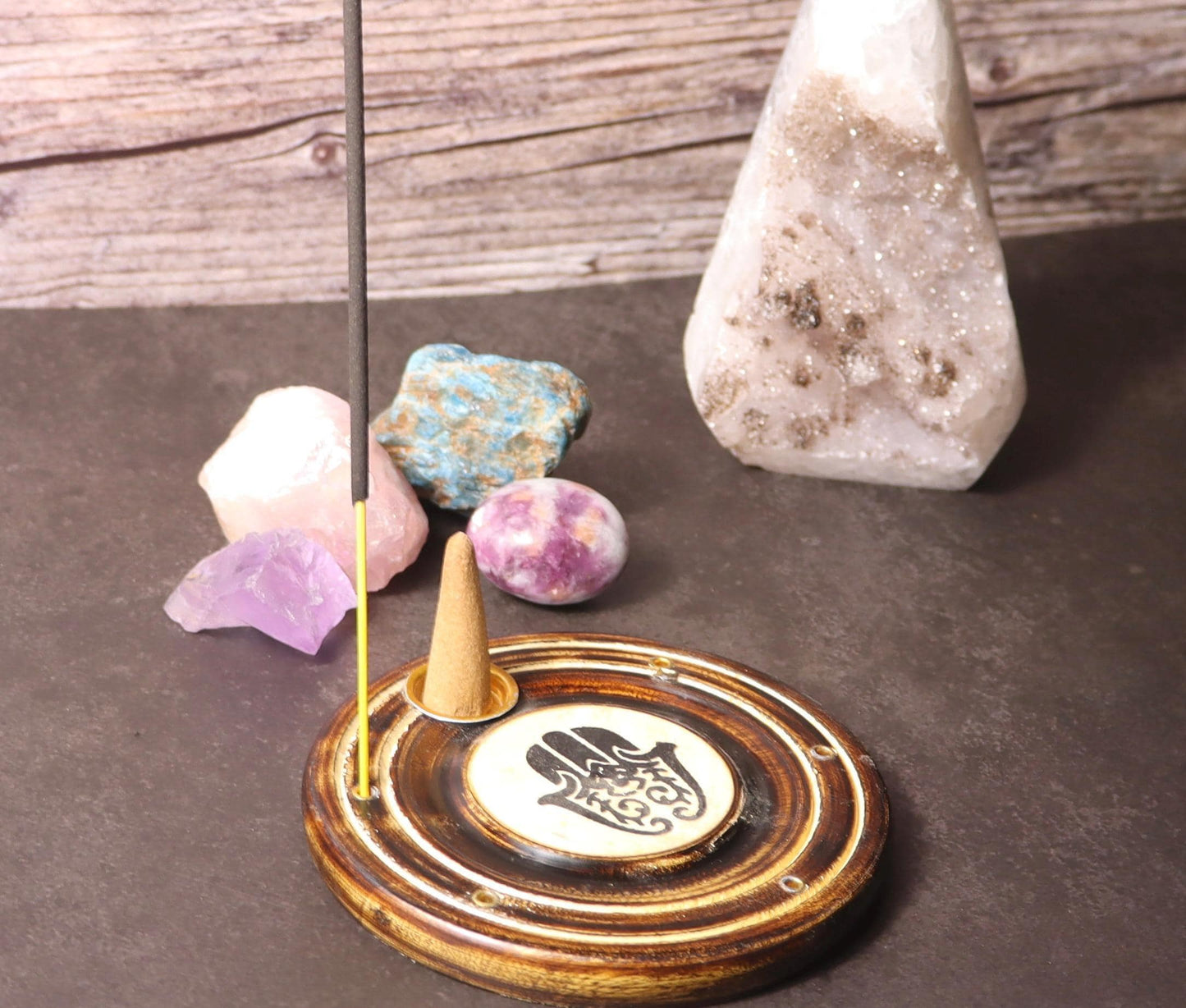 Round wooden hamsa incense stick and cone burner