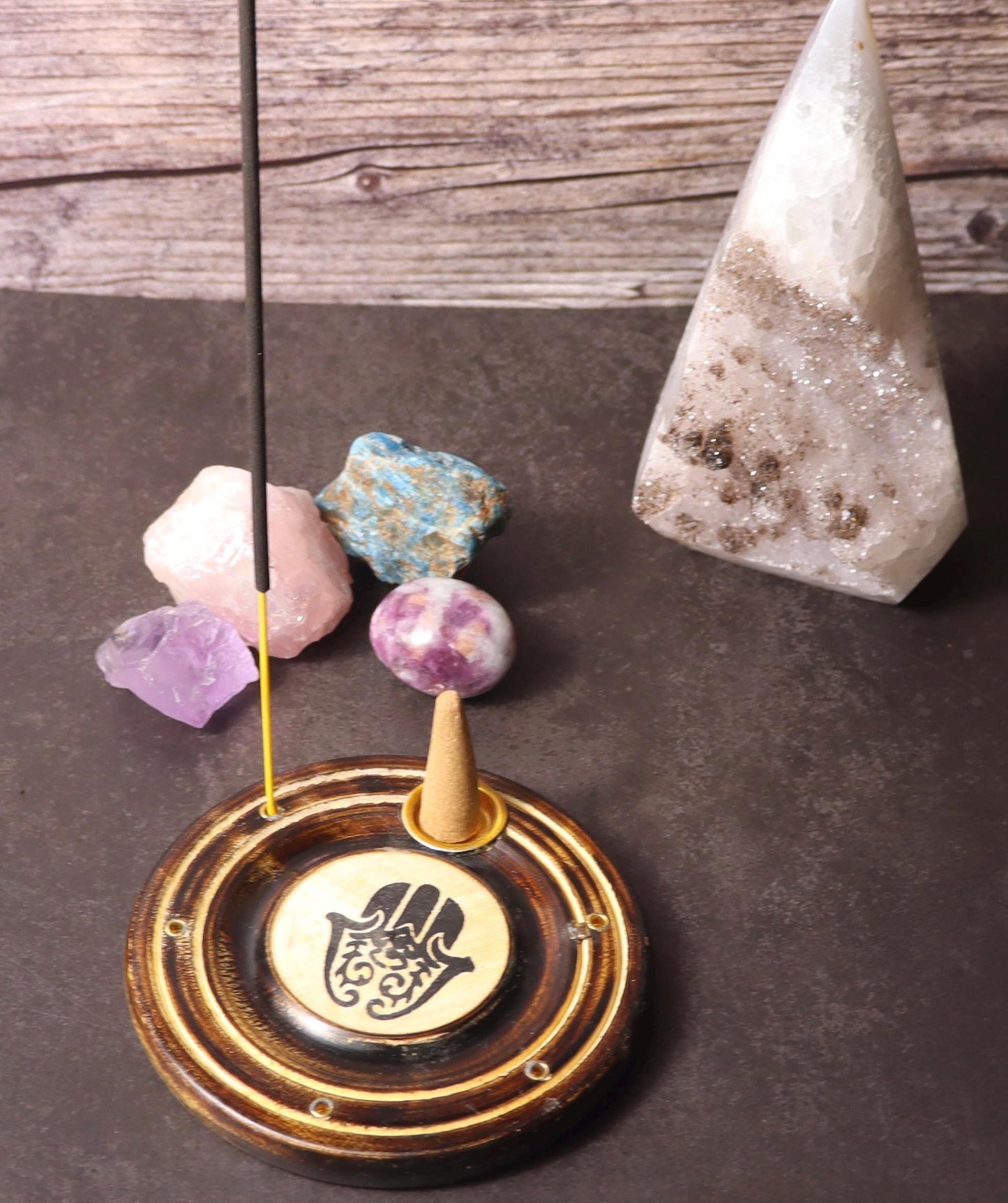Round wooden hamsa incense stick and cone burner