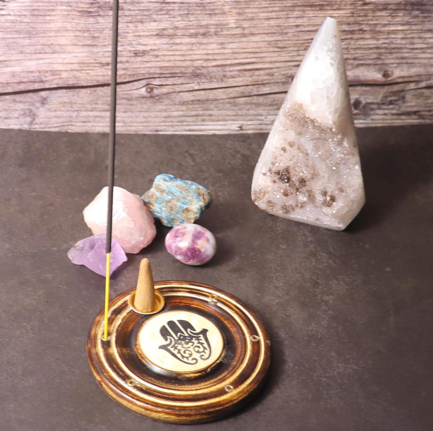Round wooden hamsa incense stick and cone burner