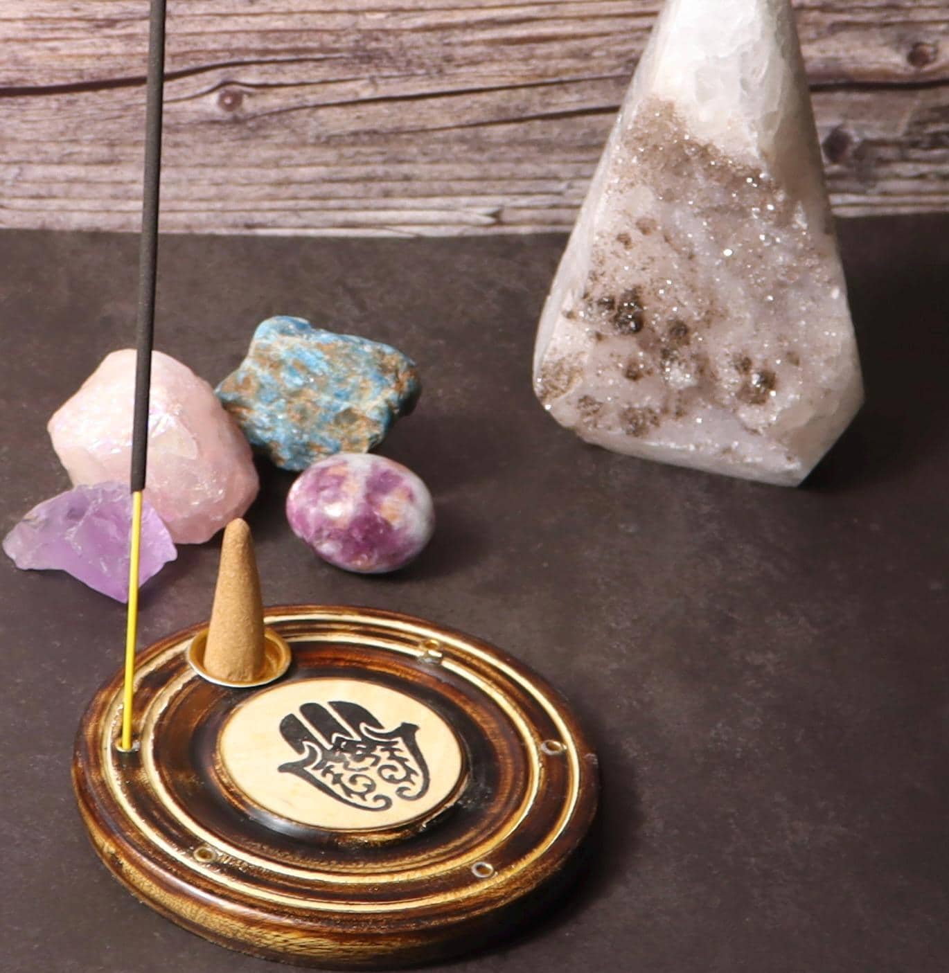 Round wooden hamsa incense stick and cone burner