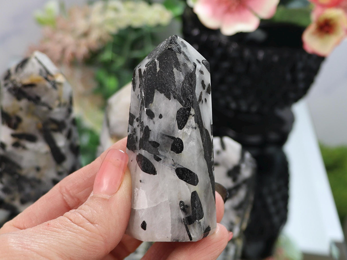 Tourmalinated Quartz Tower: Black Tourmaline Crystal Point, Grounding Gemstone