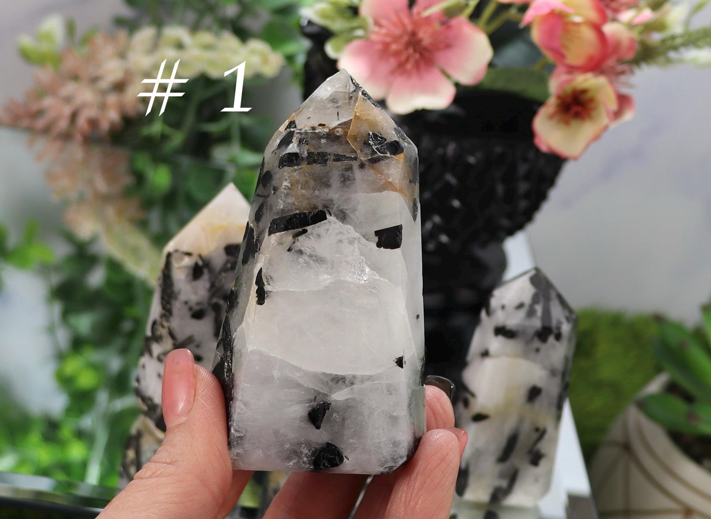 Tourmalinated Quartz Tower: Black Tourmaline Crystal Point, Grounding Gemstone