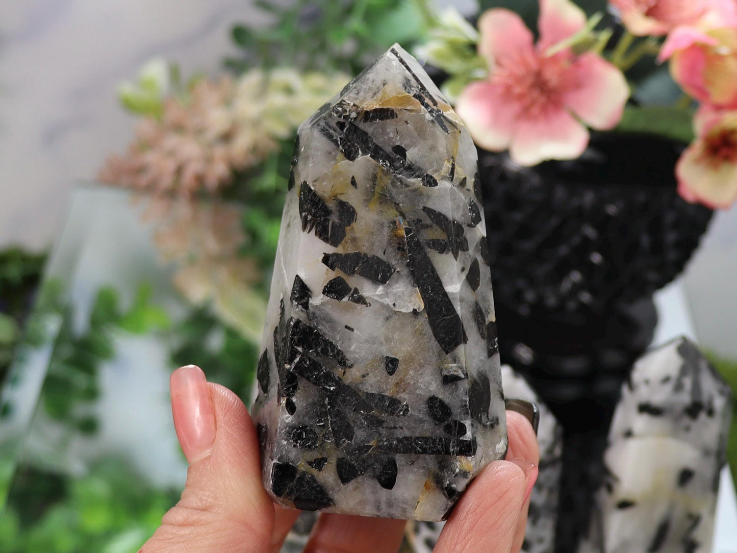 Tourmalinated Quartz Tower: Black Tourmaline Crystal Point, Grounding Gemstone