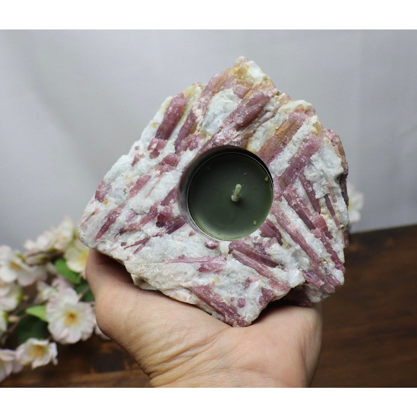 Natural Pink Rubellite Tourmaline in Matrix Tea Light Candle Holder