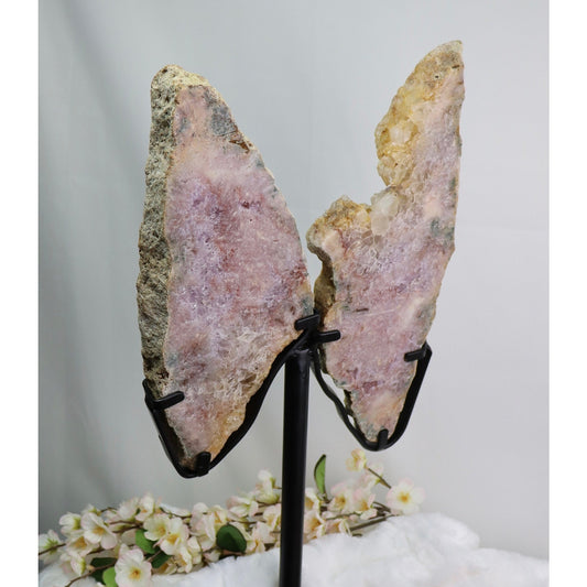 Large Pink Amethyst Butterfly Wings on Metal Display Stand, Statement Piece