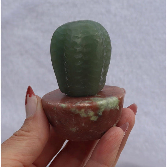 Green Aventurine Cactus Carving in Peach Blossom Tourmaline Crystal Planter