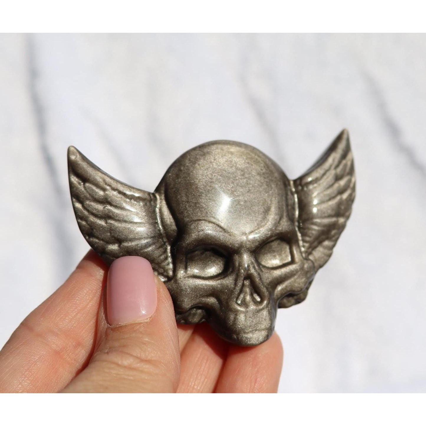 Silver Sheen Obsidian Skull with Wings