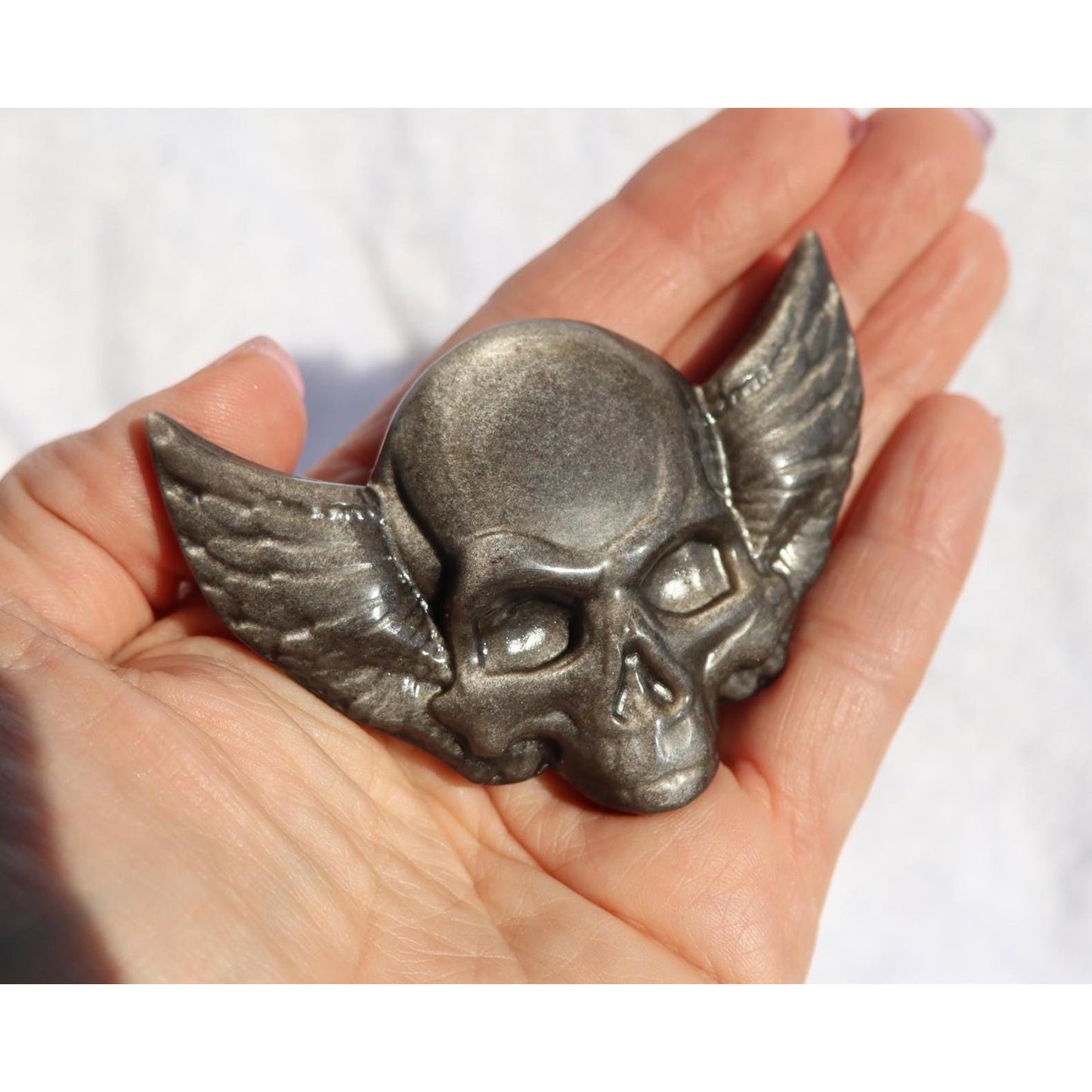 Silver Sheen Obsidian Skull with Wings