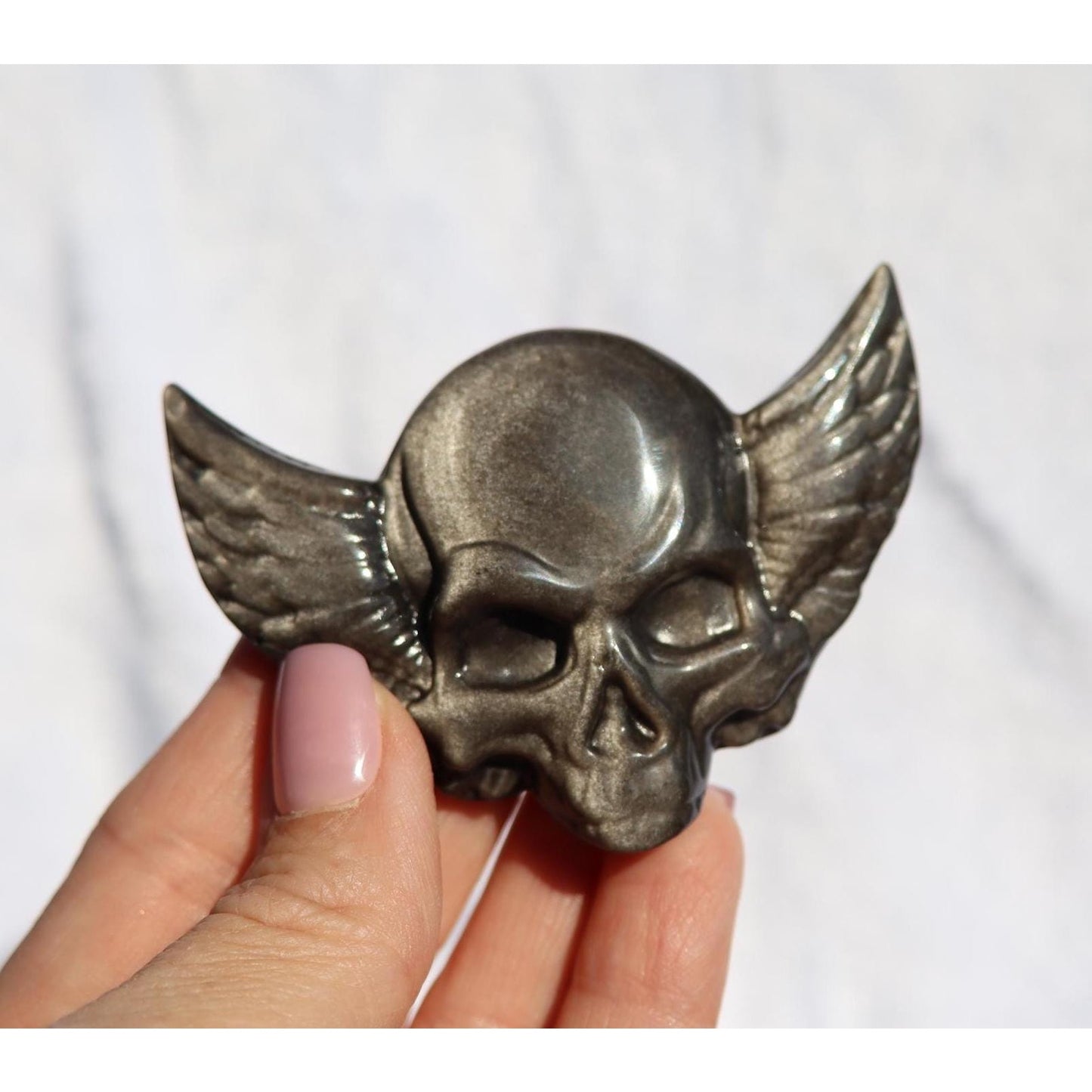 Silver Sheen Obsidian Skull with Wings