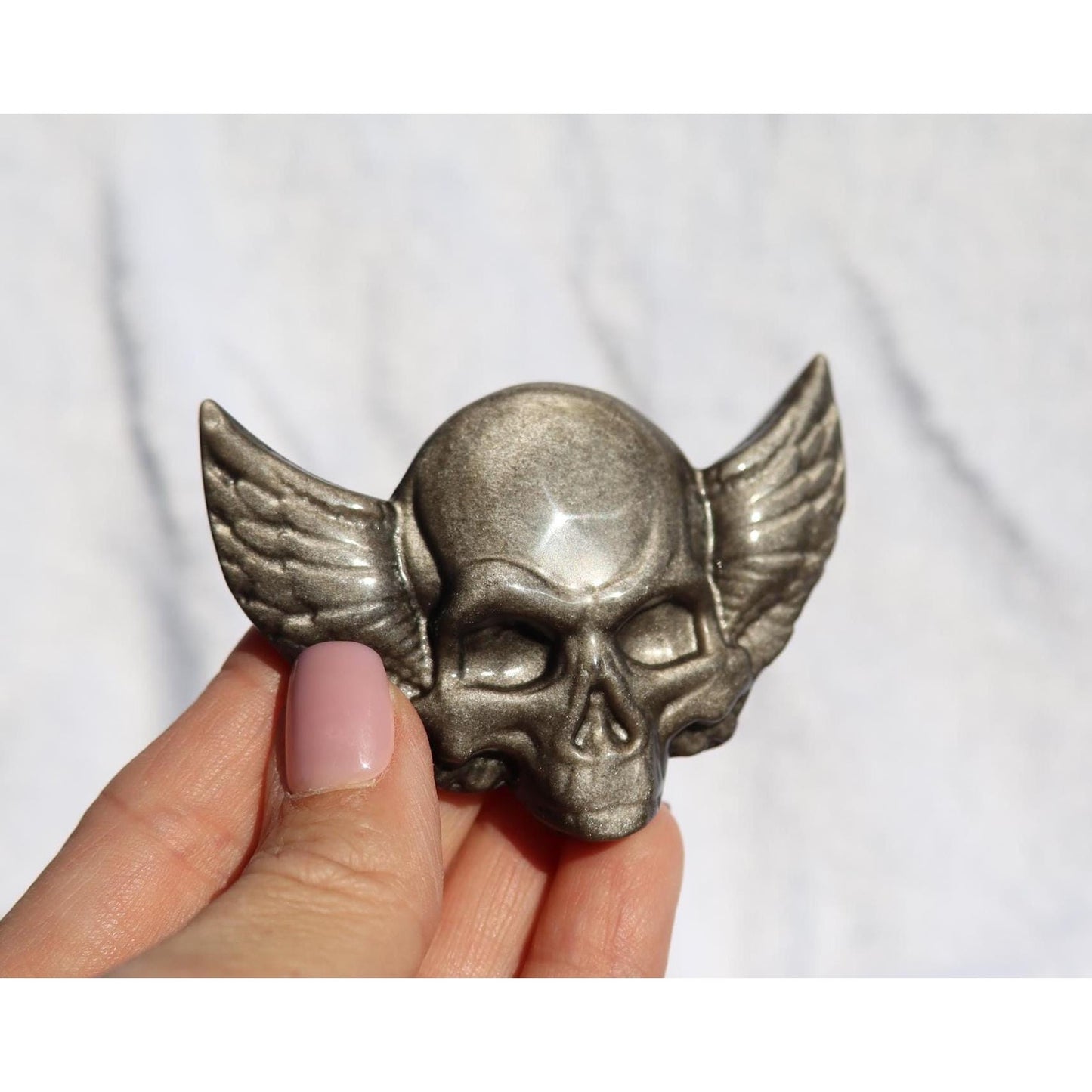 Silver Sheen Obsidian Skull with Wings