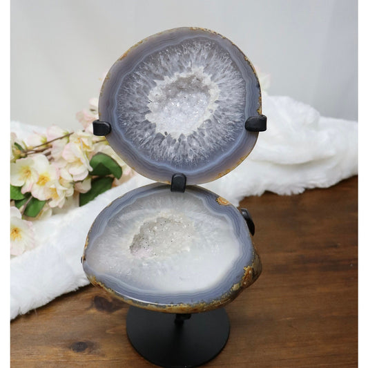 Druzy Agate Geode Pair on Custom Metal Stand from Brazil