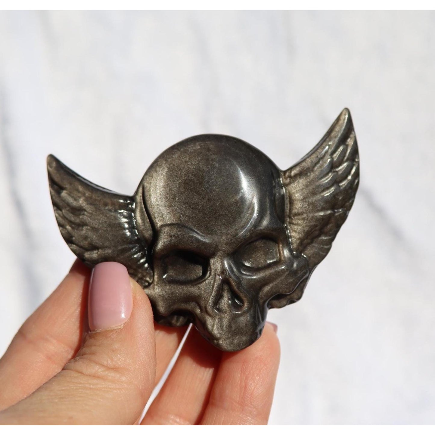 Silver Sheen Obsidian Skull with Wings