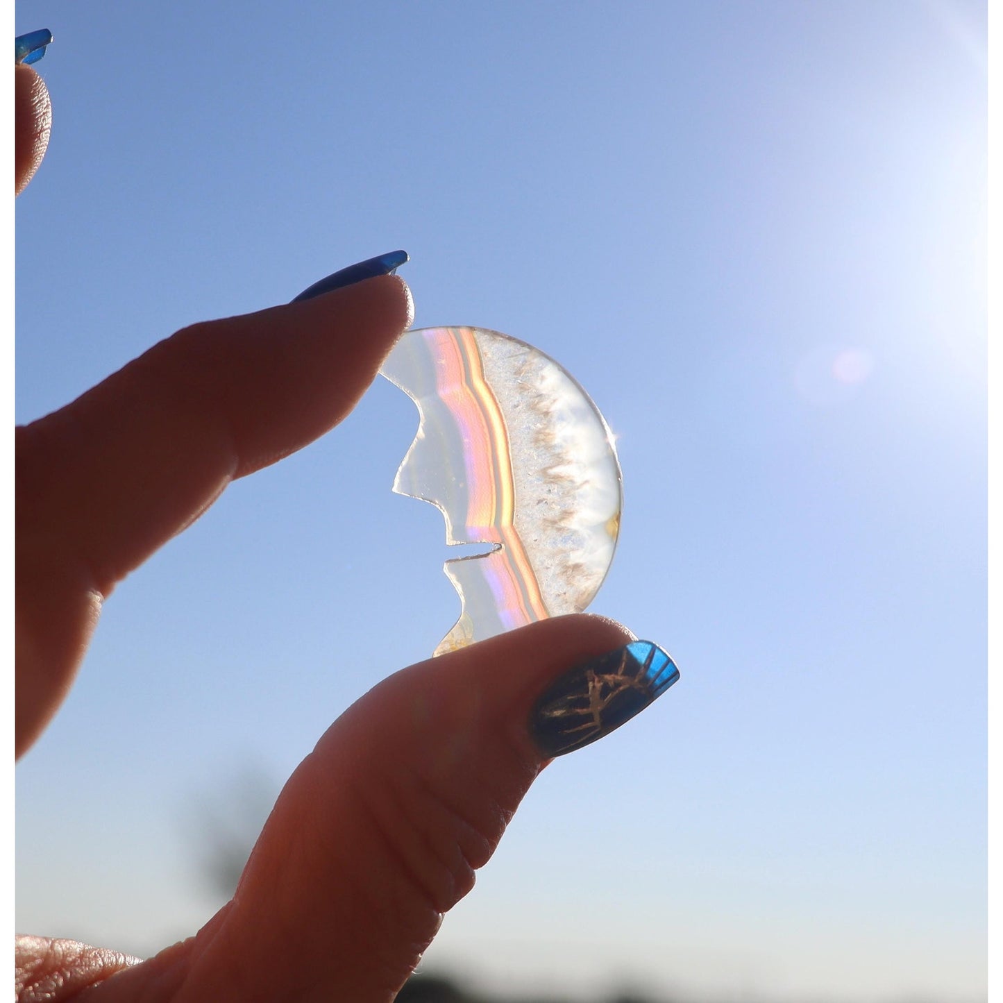 Rainbow Iris Agate Crescent Moon Face